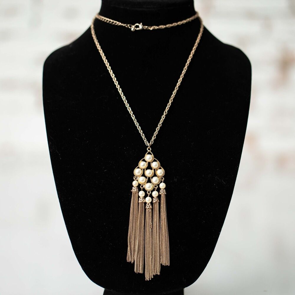 Gold-tone Pendant Necklace Ornate Faux Pearl Cluster & Long Chain Tassel